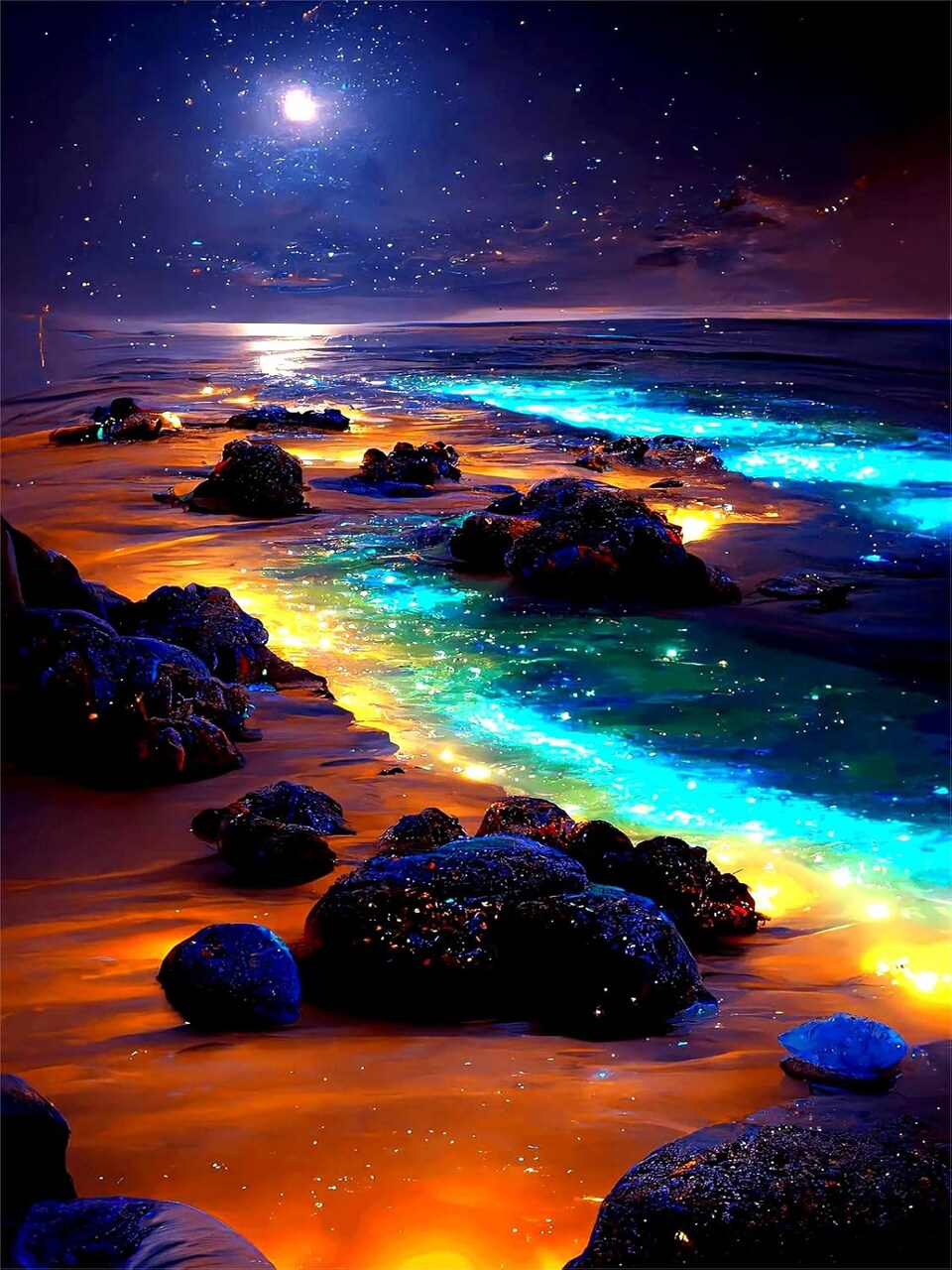 Beach Diamond Painting Kits for Adult,5D DIY Moon Diamond Art Painting,Landscape Paint Gem Kit,Beach Moon Scenery Diamond Dots